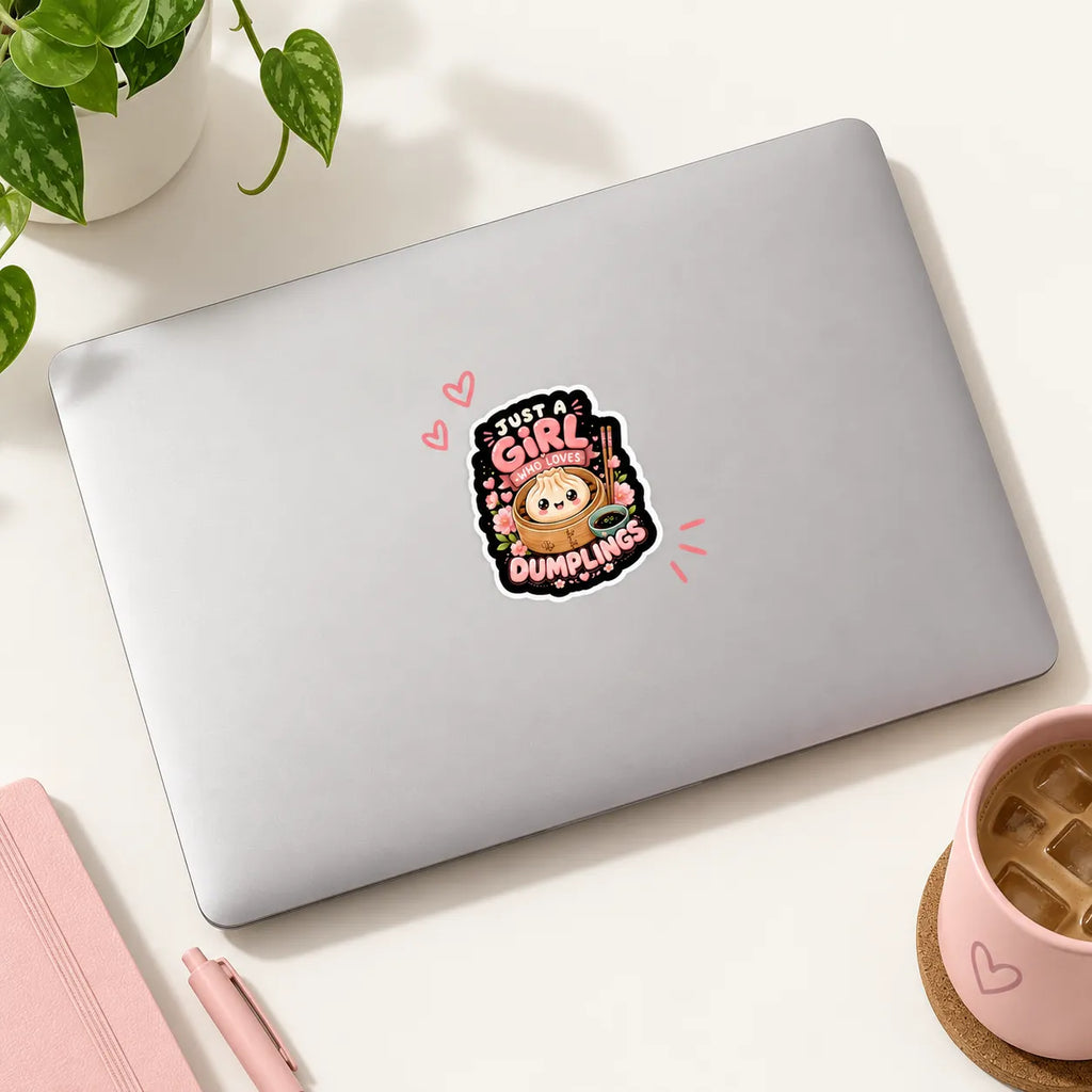 Cute Just A Girl Who Loves Dumplings sticker featuring a dumpling character and pink cherry blossoms by SLEEVER