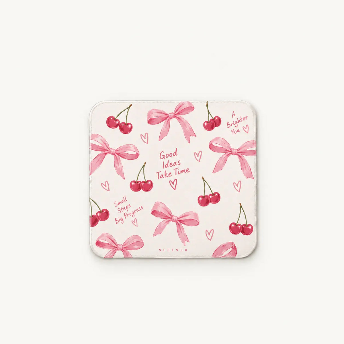 Sleever pink bow and cherry aesthetic compact mousepad with white mouse