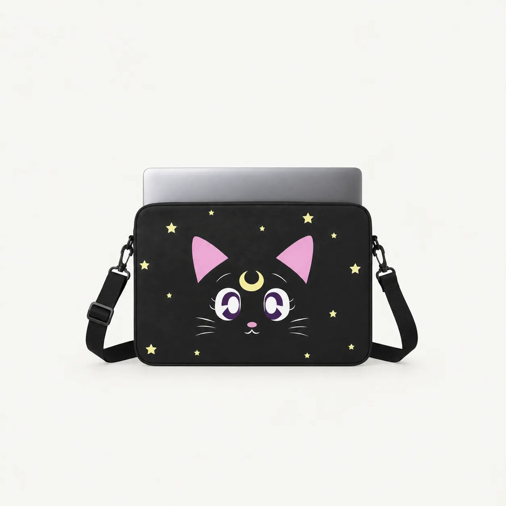 Cute Sailor Moon Luna black cat face with crescent moon and stars on a black padded laptop sleeve by SLEEVER