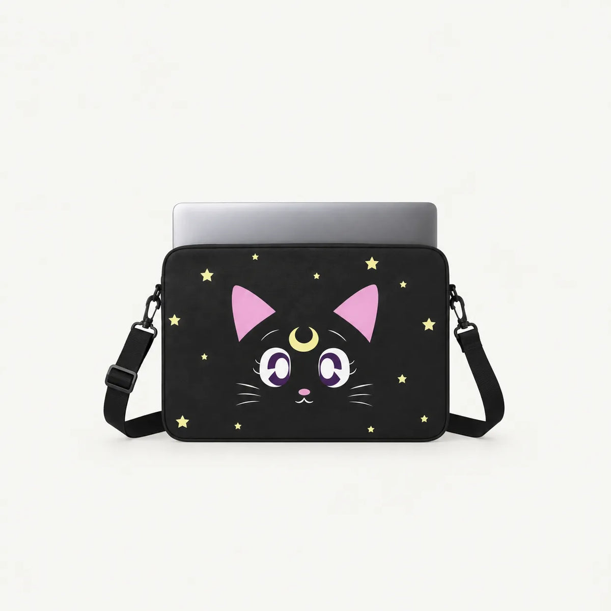 Cute Sailor Moon Luna black cat face with crescent moon and stars on a black padded laptop sleeve by SLEEVER