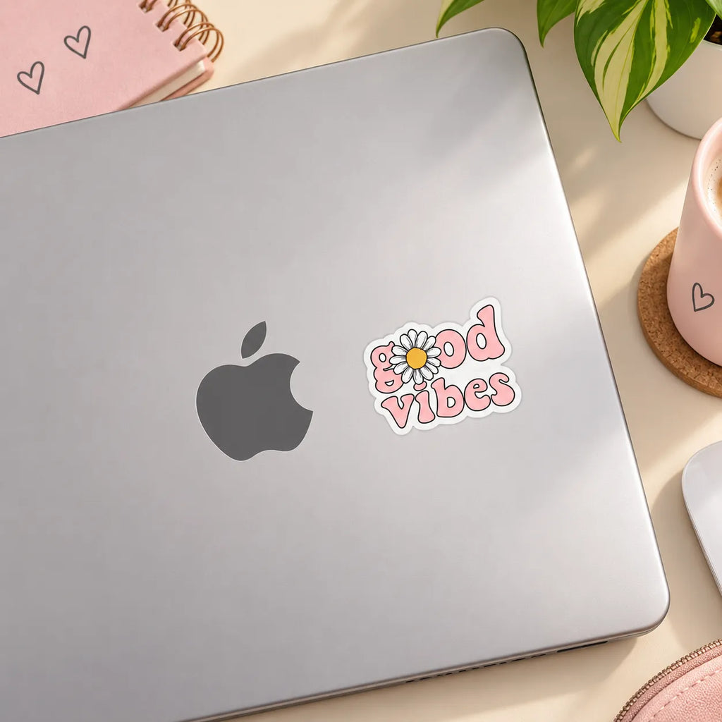 Retro pink Good Vibes text sticker with white daisy flower replacing the letter O by SLEEVER