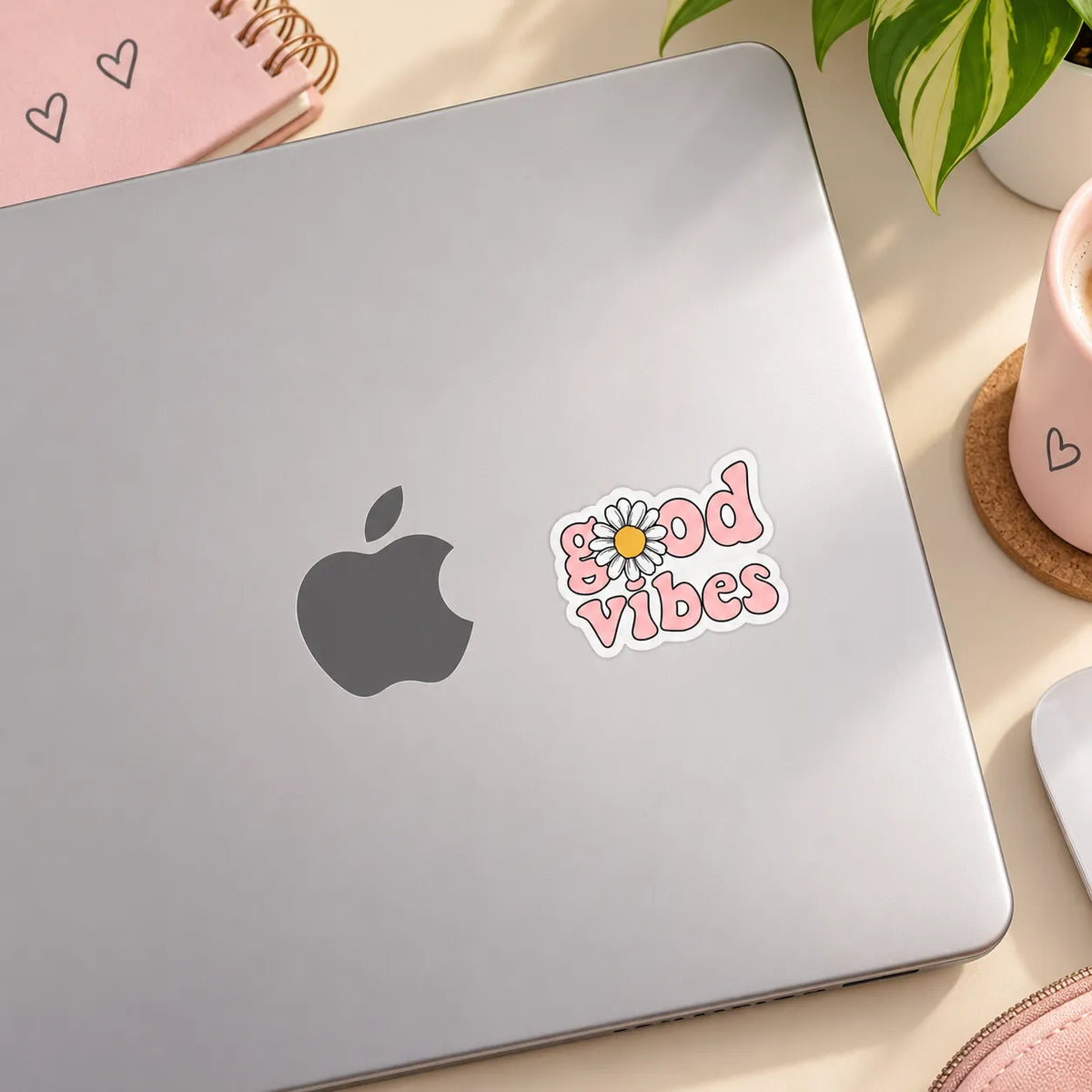 Retro pink Good Vibes text sticker with white daisy flower replacing the letter O by SLEEVER