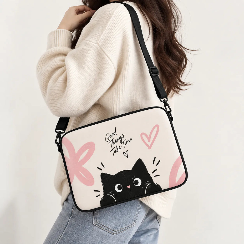 Cute black cat with Good Things Take Time quote and pink doodles padded laptop sleeve by SLEEVER