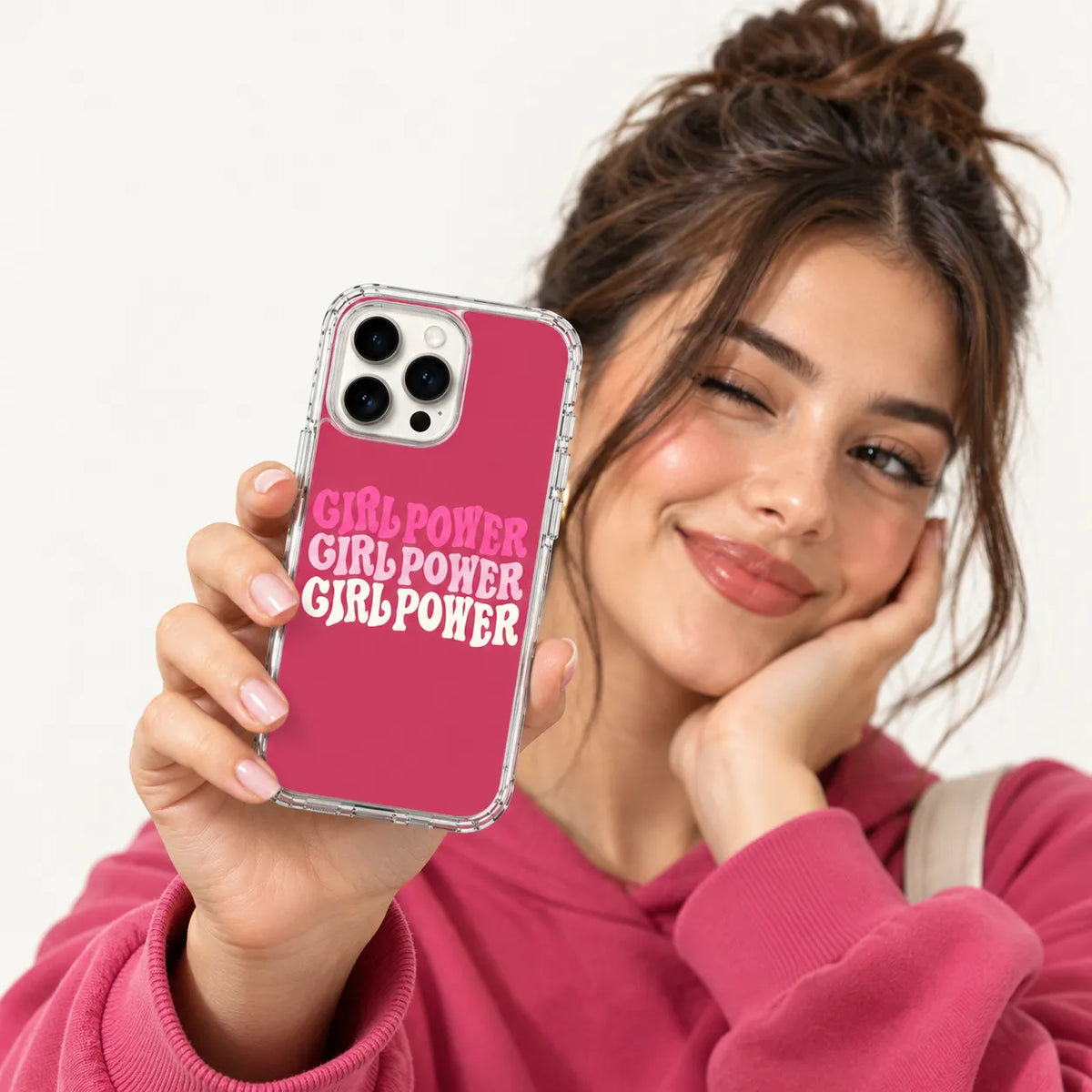 SLEEVER clear TPU phone case with stacked retro wavy "GIRL POWER" text on hot pink background UV print with magnetic charging compatibility