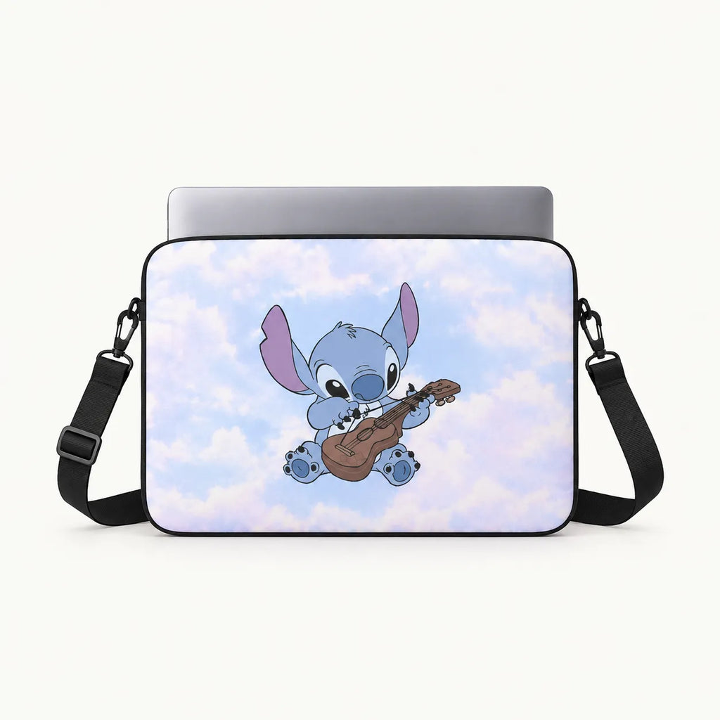 Cute Disney Stitch character playing ukulele on a fluffy pastel blue sky background on a padded laptop sleeve by SLEEVER
