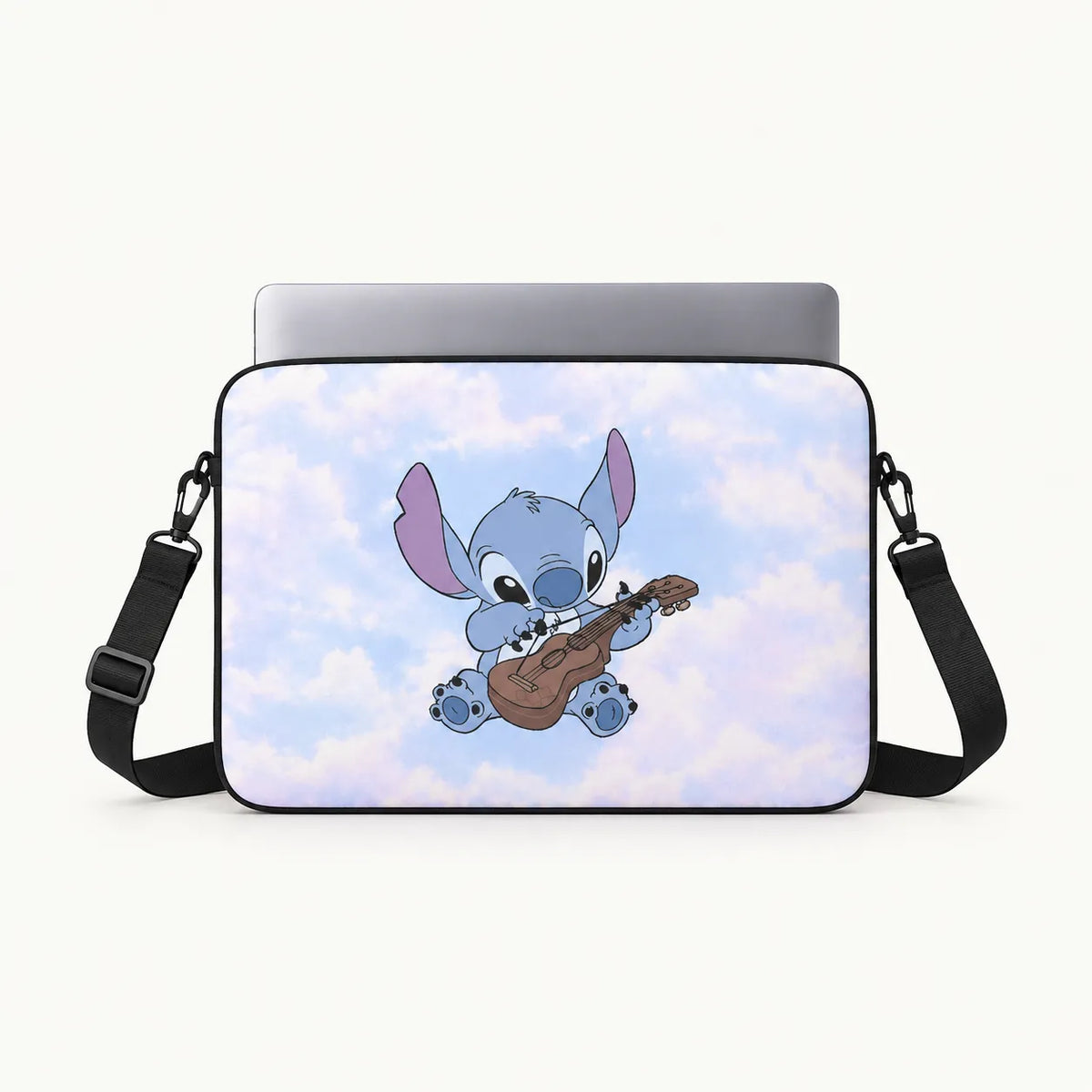 Cute Disney Stitch character playing ukulele on a fluffy pastel blue sky background on a padded laptop sleeve by SLEEVER
