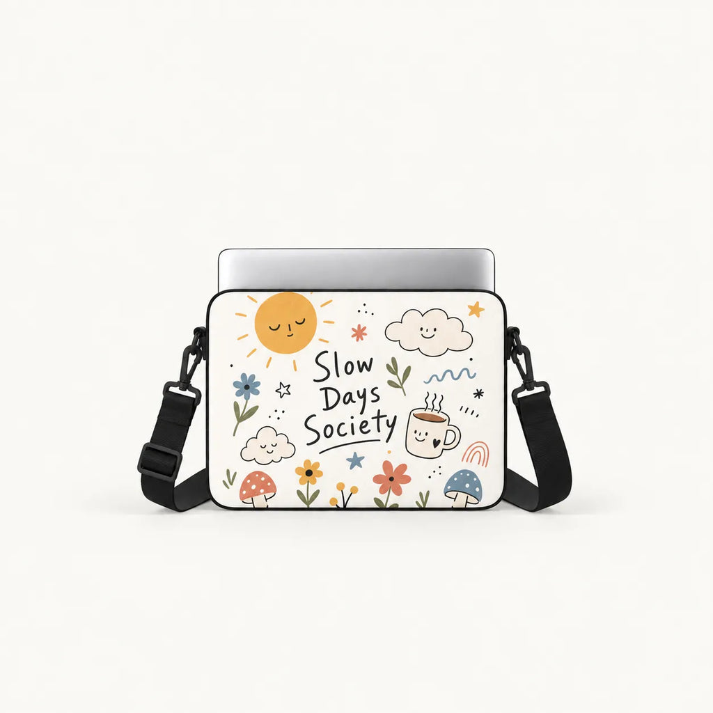 Cute cream laptop sleeve with Slow Days Society typography surrounded by smiling sun clouds coffee mug mushrooms and flowers doodles by SLEEVER
