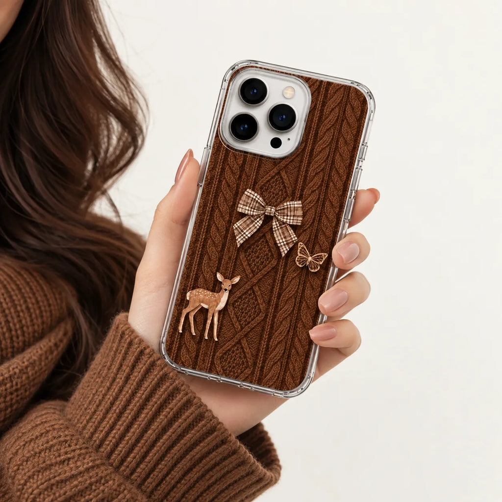 SLEEVER clear TPU phone case with brown cable knit pattern, little deer, plaid bow, and golden butterfly UV print with magnetic charging compatibility   