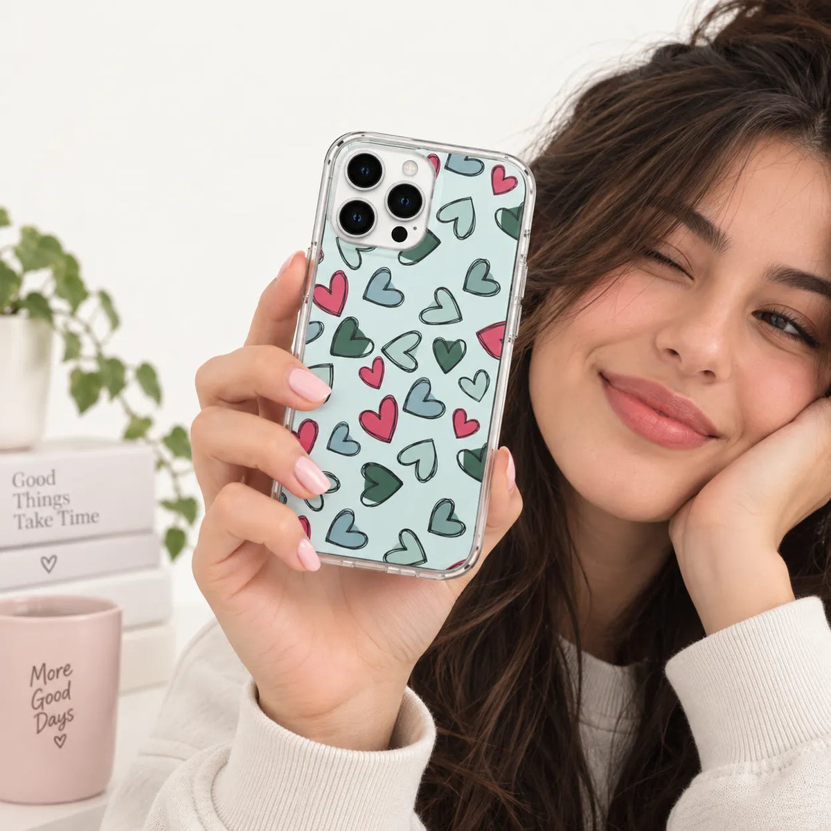 SLEEVER clear TPU phone case with colorful hand-drawn doodle hearts UV print and magnetic charging compatibility   