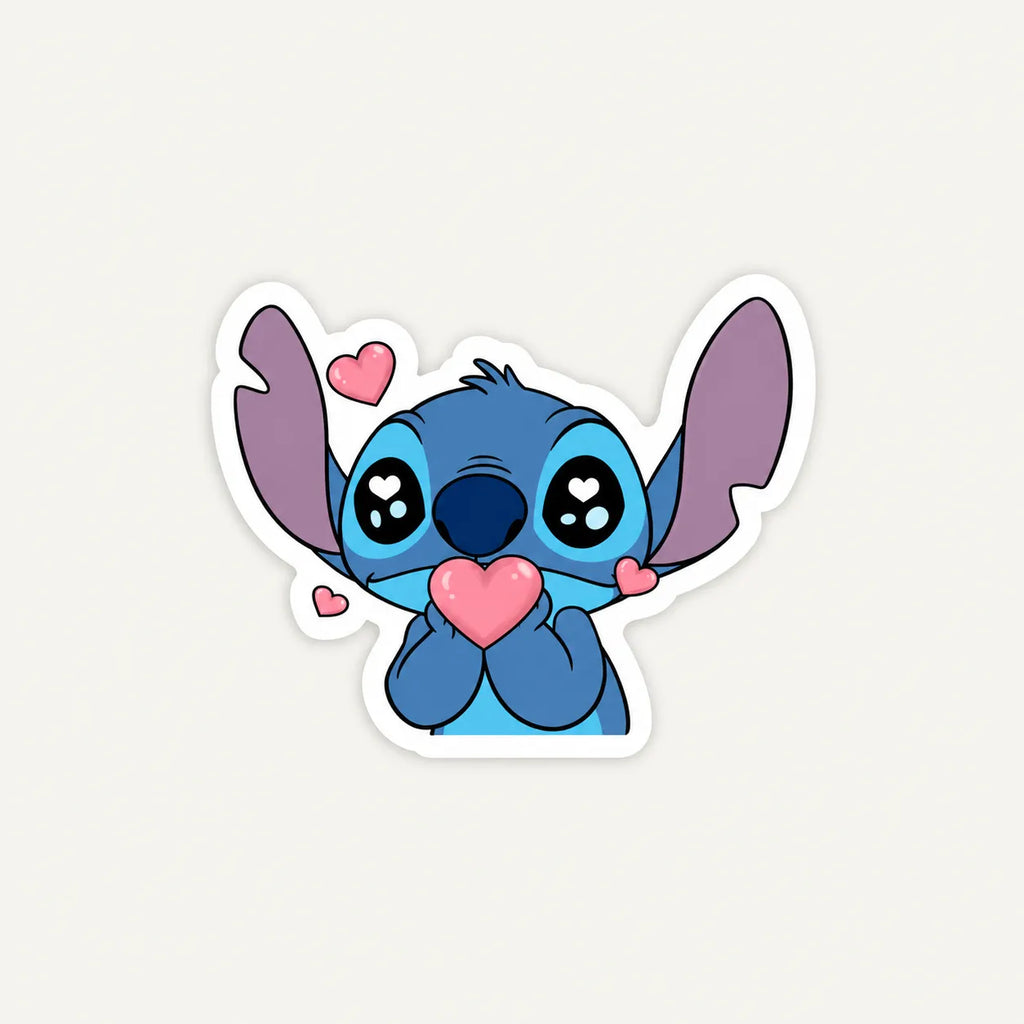 Cute blue Disney Stitch holding a pink heart with heart eyes sticker by SLEEVER