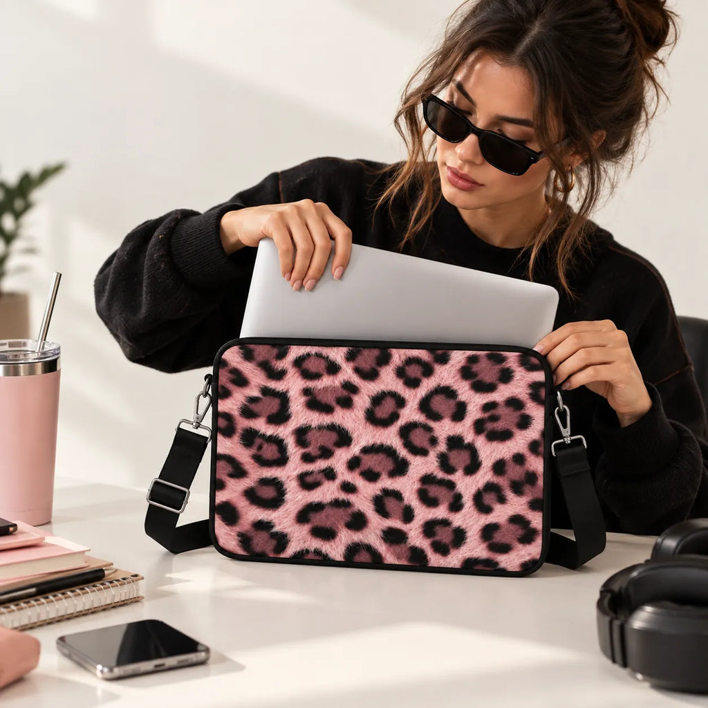 Fluffy pink cheetah leopard animal fur pattern on a padded laptop sleeve by SLEEVER