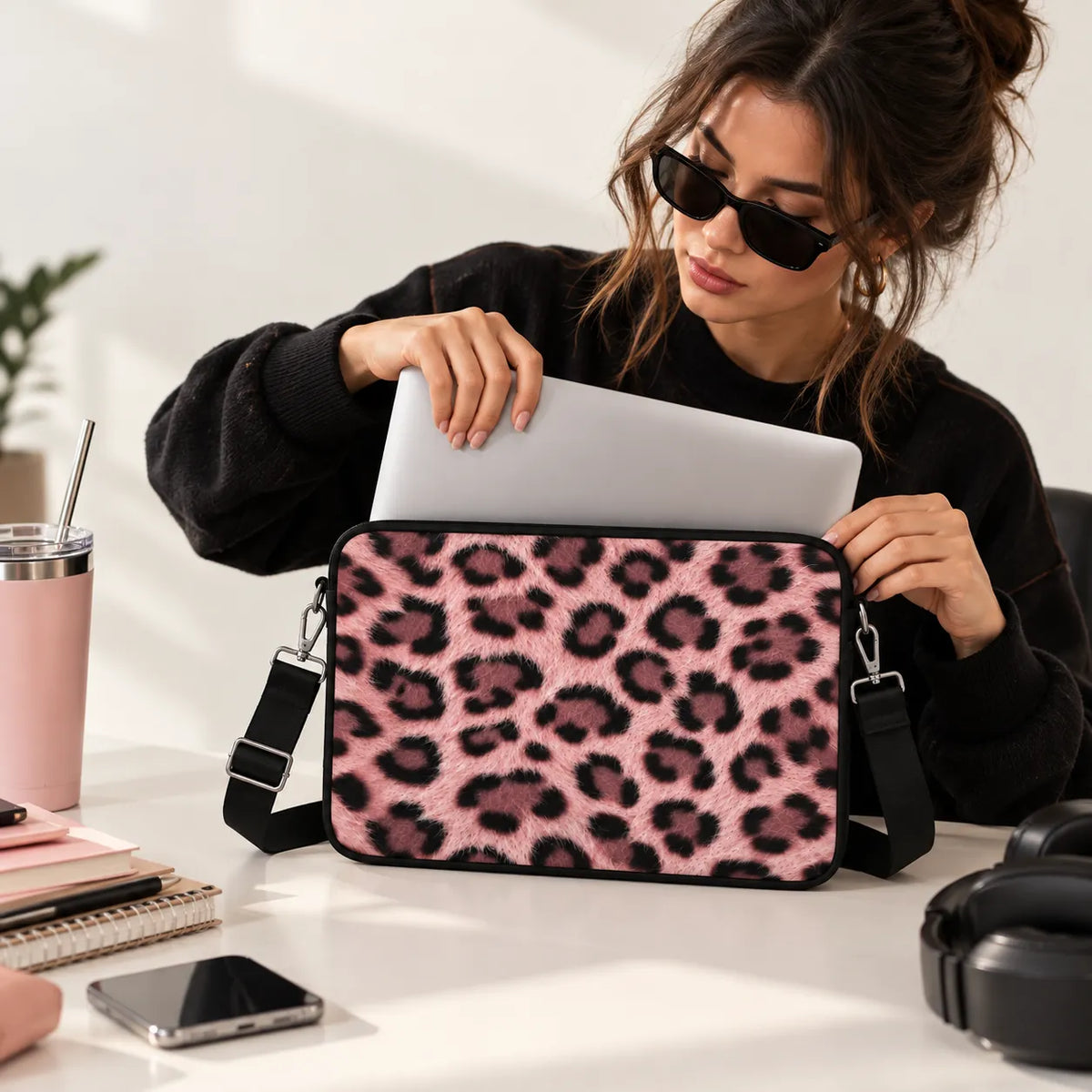 Fluffy pink cheetah leopard animal fur pattern on a padded laptop sleeve by SLEEVER