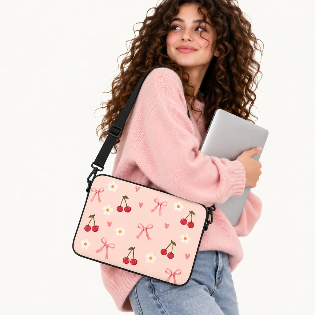 Cute pattern of red cherries, pink ribbon bows, and white daisy flowers on a soft pink padded laptop sleeve by SLEEVER