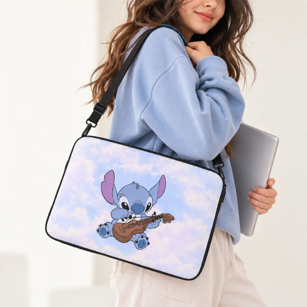 Cute Disney Stitch character playing ukulele on a fluffy pastel blue sky background on a padded laptop sleeve by SLEEVER