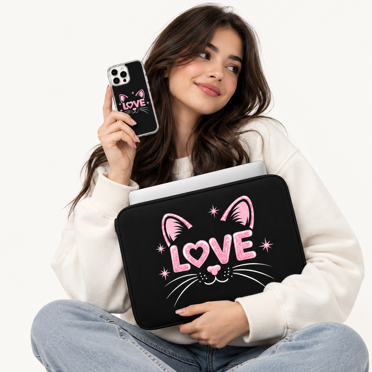 "Pink Love Cat" cute black cat face with glittery pink love text clear phone case and matching laptop sleeve set by SLEEVER Egypt   