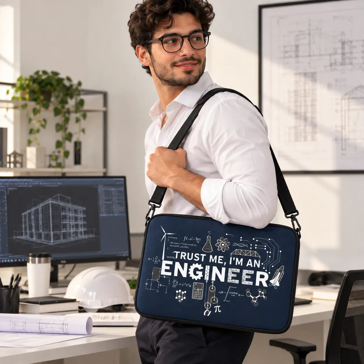 White "TRUST ME, I'M AN ENGINEER" text surrounded by scientific formulas, equations, circuit diagrams, and gear icons on a navy blue padded laptop sleeve by SLEEVER   