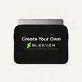 Custom printed black laptop sleeve with personalized design, available in 12, 13, 14, 15.6, and 17-inch sizes
