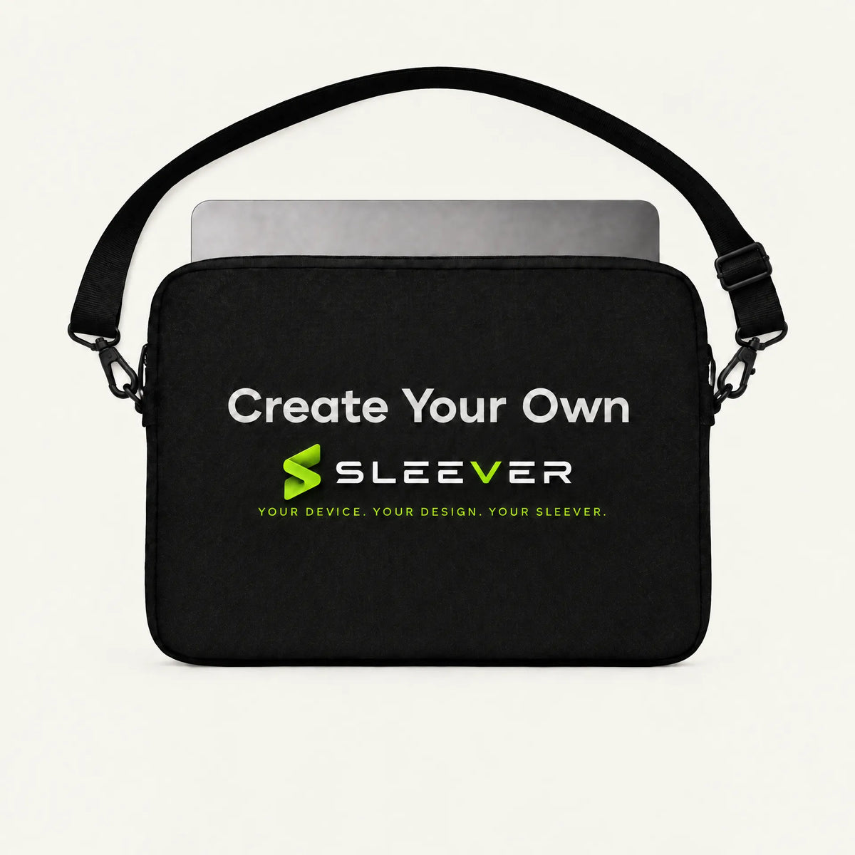 Custom printed black laptop sleeve with personalized design, available in 12, 13, 14, 15.6, and 17-inch sizes

