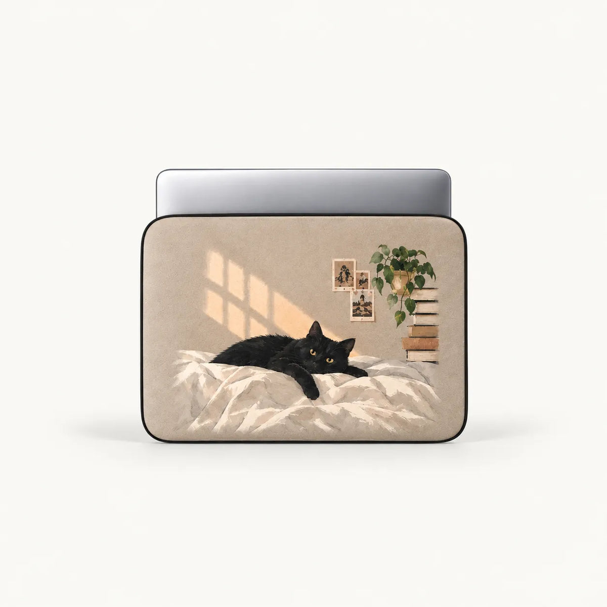 "SLEEVER 'Cozy Black Cat' laptop sleeve featuring an illustration of a black cat lounging on a bed in warm sunlight."   