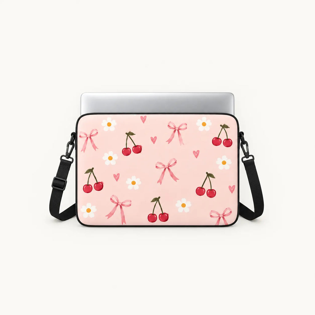 "Cherry & Bows" cute cherries, pink ribbons, and daisies pattern clear phone case and matching laptop sleeve set by SLEEVER Egypt   