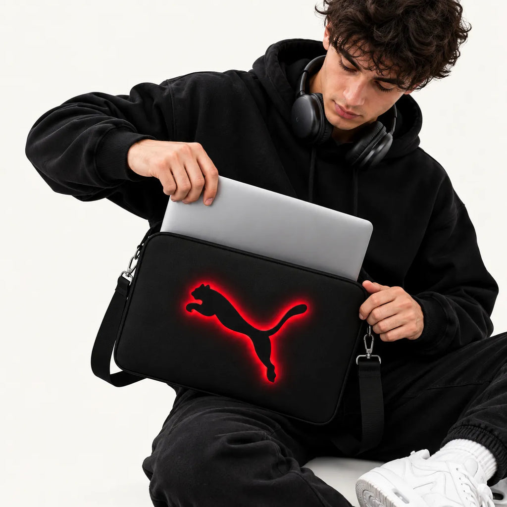 Black cougar puma silhouette with a glowing red neon outer edge backlighting on a black padded laptop sleeve by SLEEVER
