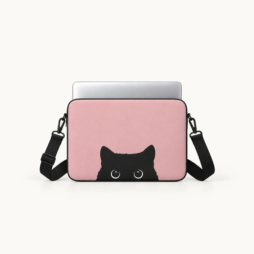 "Peeking Black Cat" cute minimalist black cat on pink background clear phone case and matching laptop sleeve set by SLEEVER Egypt   