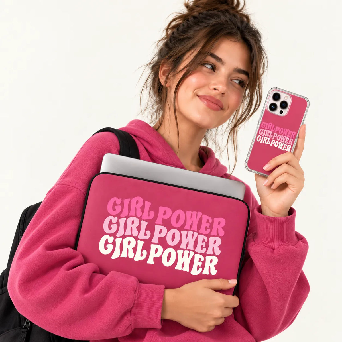 "Girl Power" retro wavy pink typography clear phone case and matching laptop sleeve set by SLEEVER Egypt   