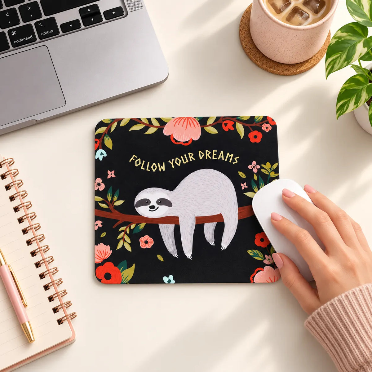 SLEEVER sloth follow your dreams floral dark desk mousepad 17.5 x 21.5 cm with anti-slip rubber base