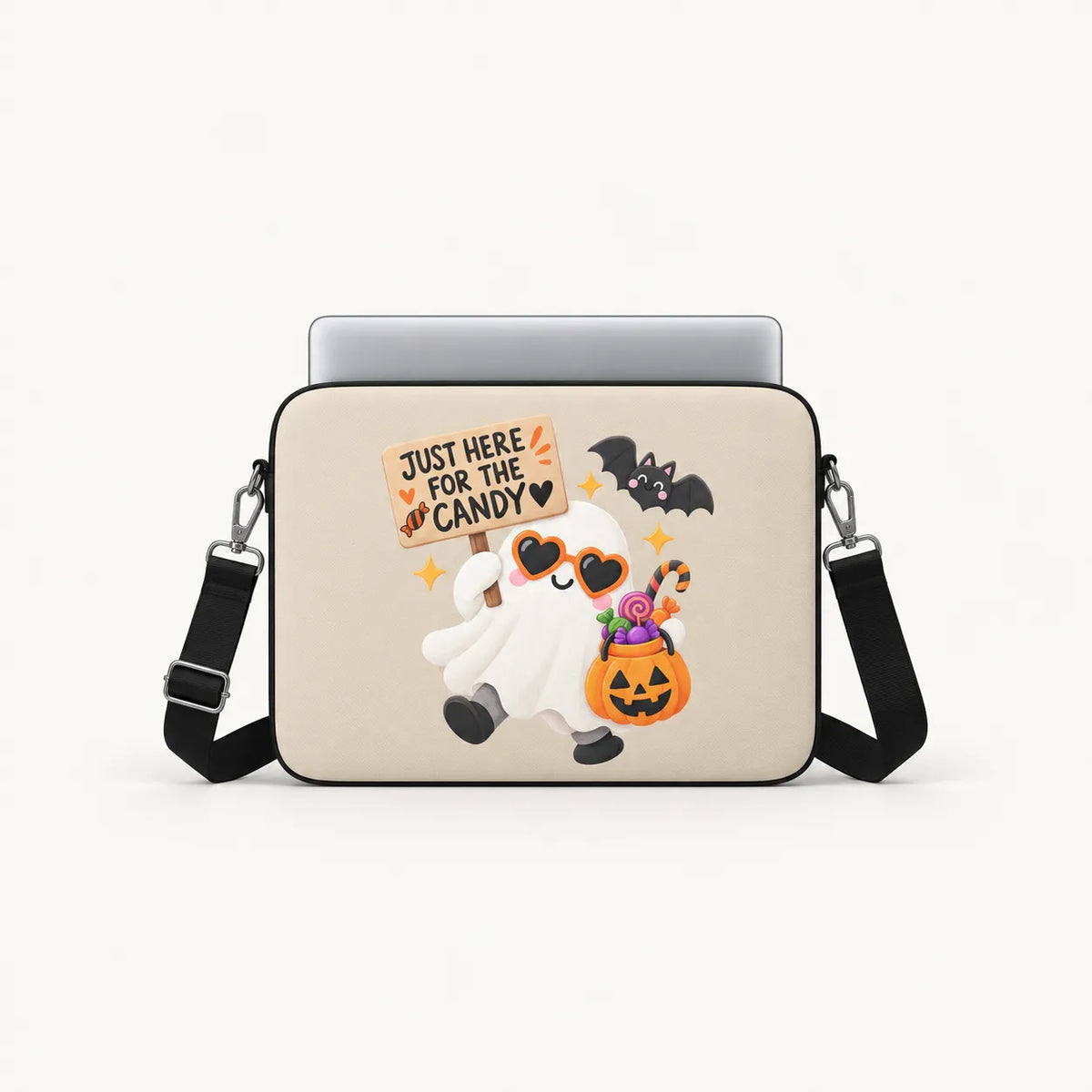 Cute friendly ghost wearing orange heart sunglasses holding a Just Here For The Candy sign and jack-o-lantern bucket with a cute bat on beige padded laptop sleeve by SLEEVER