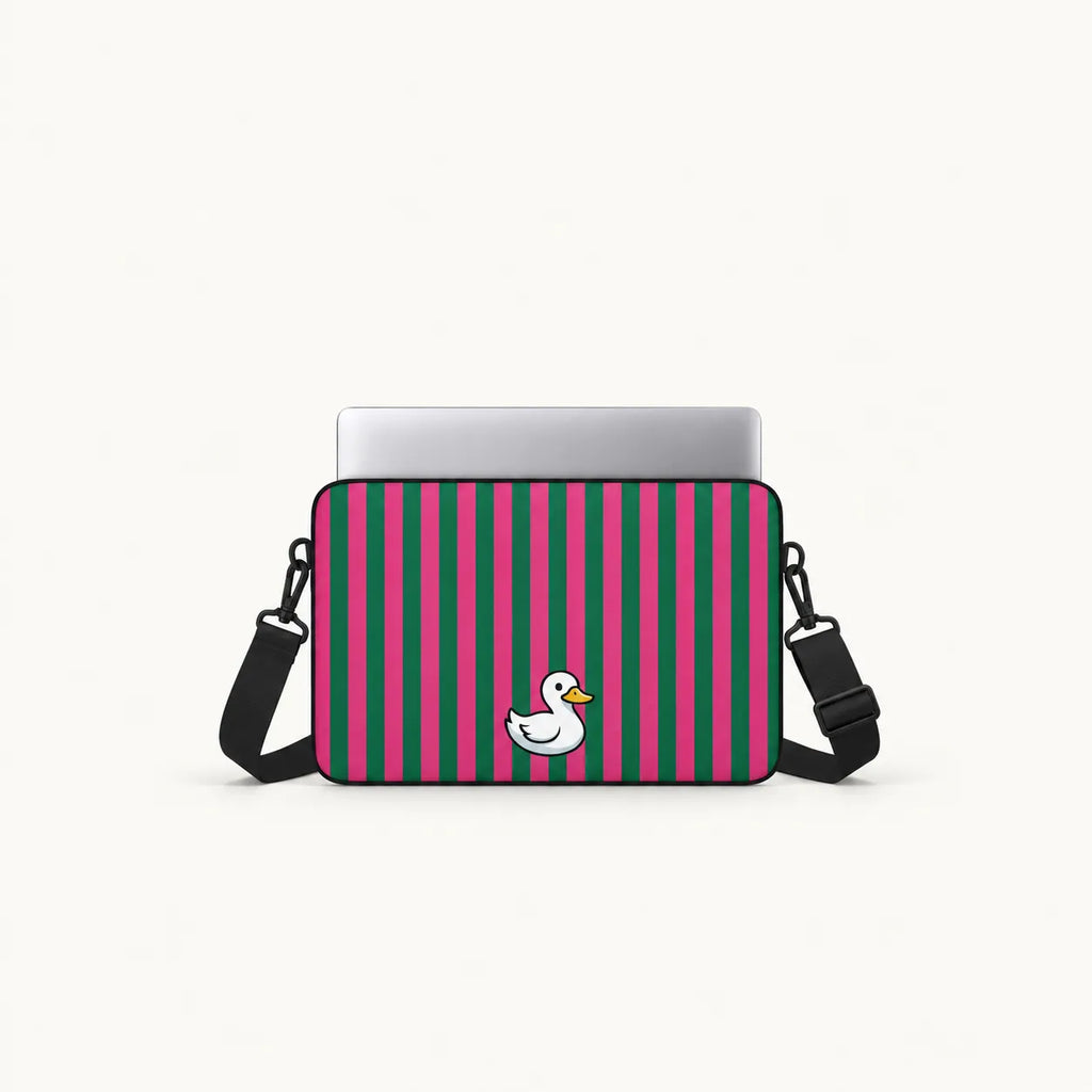 Cute white duck illustration on pink and green vertical striped background on a padded laptop sleeve by SLEEVER
