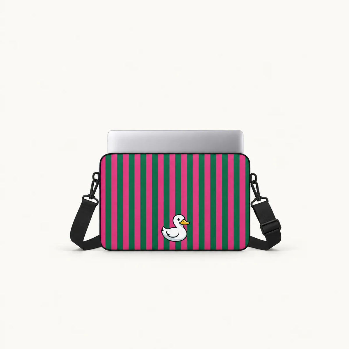 Cute white duck illustration on pink and green vertical striped background on a padded laptop sleeve by SLEEVER