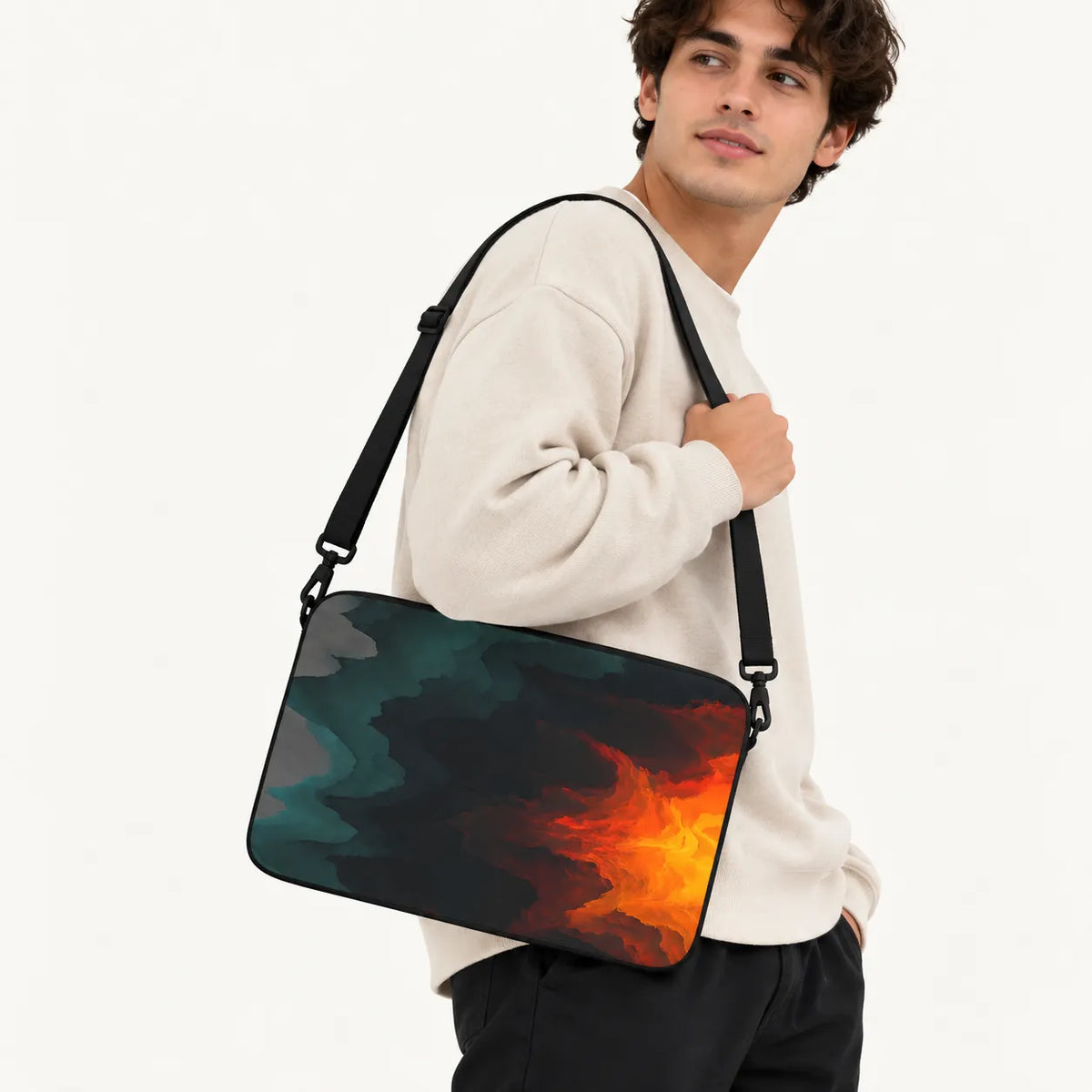 Dynamic fiery orange and red lava waves blended with dark teal abstract smoky textures on a padded laptop sleeve by SLEEVER
