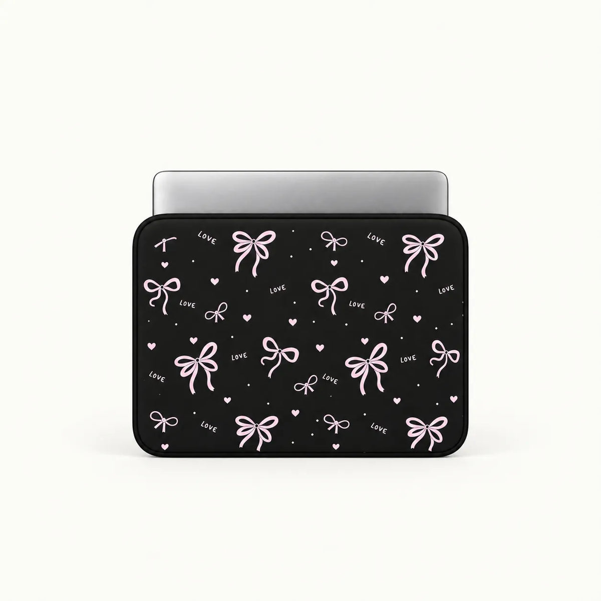 Pink ribbons bows and tiny hearts pattern printed on black padded laptop sleeve by SLEEVER