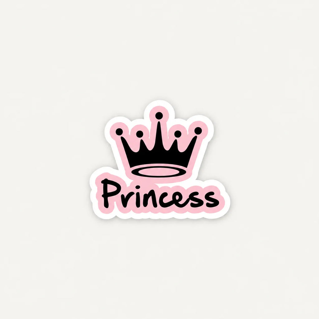 A die-cut sticker featuring a black crown above the word 'Princess' in black script with a pink outline, shown on a light gray background.
