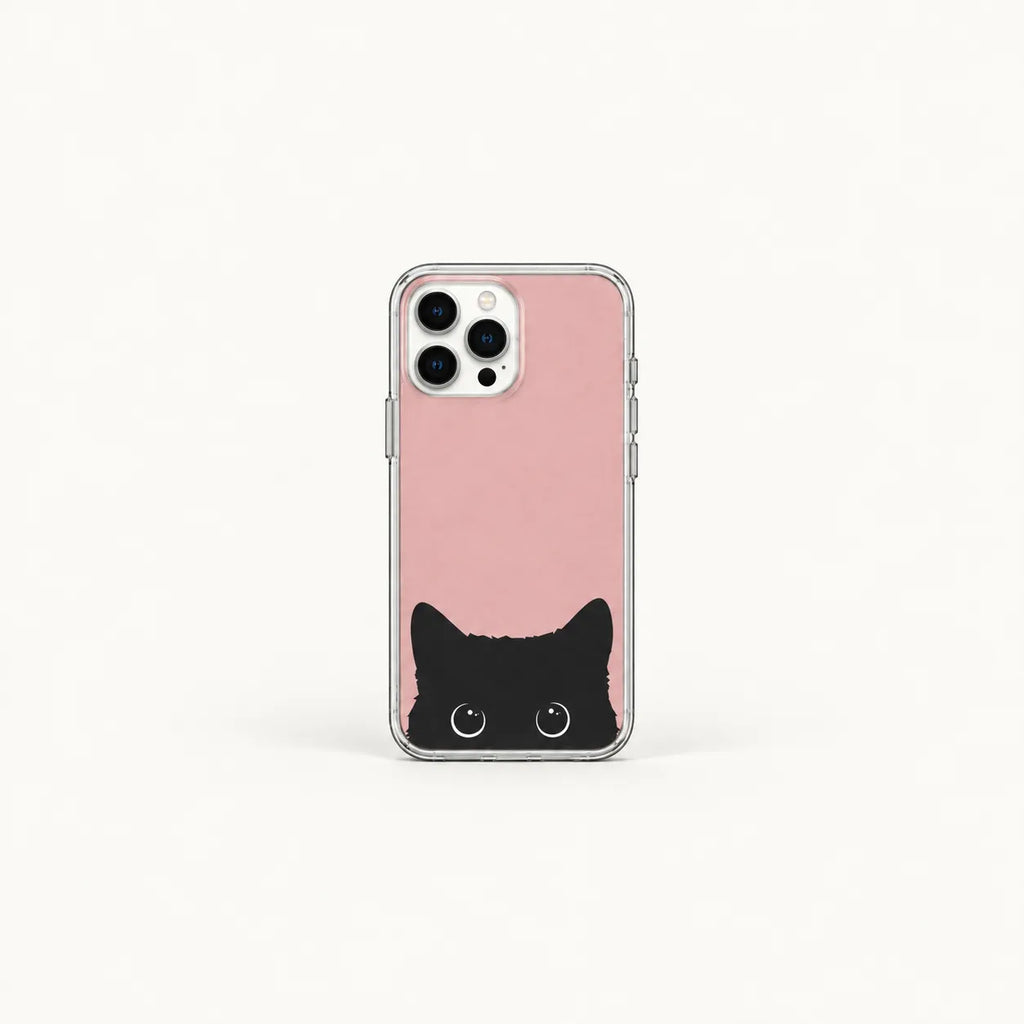 "Peeking Black Cat" cute minimalist black cat on pink background clear phone case and matching laptop sleeve set by SLEEVER Egypt   