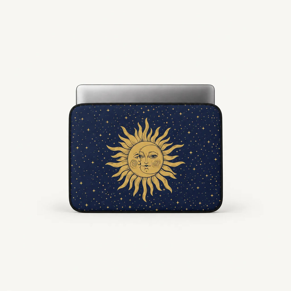 Vintage golden celestial sun and crescent moon design surrounded by stars on a dark navy blue padded laptop sleeve by SLEEVER