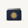 Vintage golden celestial sun and crescent moon design surrounded by stars on a dark navy blue padded laptop sleeve by SLEEVER