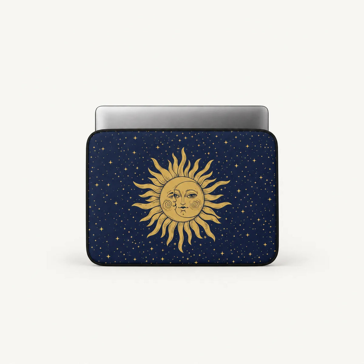 Vintage golden celestial sun and crescent moon design surrounded by stars on a dark navy blue padded laptop sleeve by SLEEVER