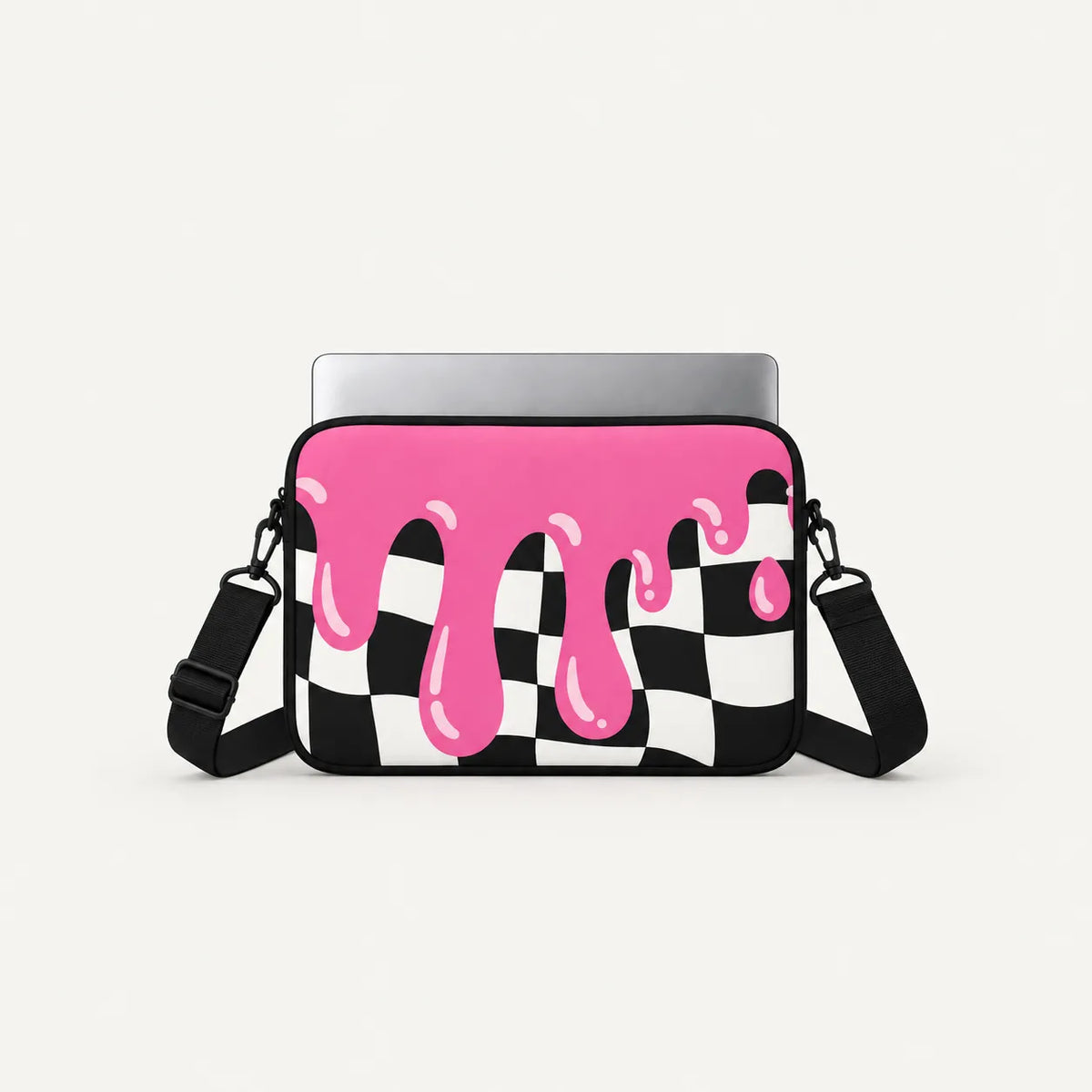 Pink slime drip on black and white checkered pattern padded laptop sleeve by SLEEVER