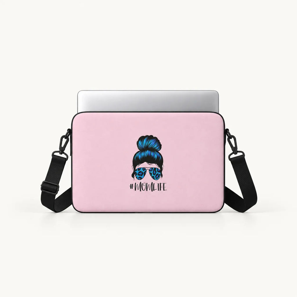 Messy hair bun illustration with blue leopard sunglasses and #MOMLIFE text on a soft pink padded laptop sleeve by SLEEVER
