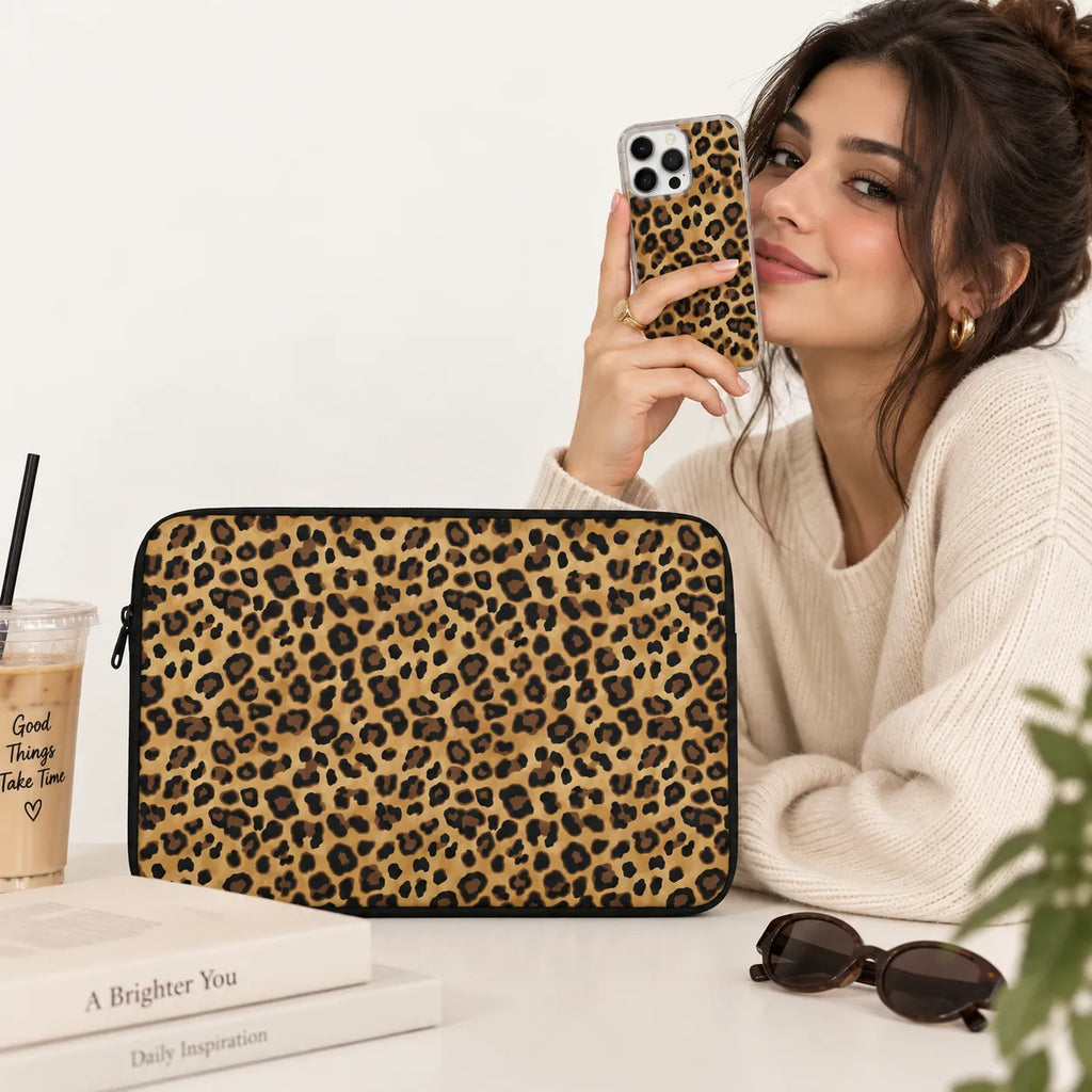 "Leopard Print" classic animal print clear phone case and matching laptop sleeve set by SLEEVER Egypt   