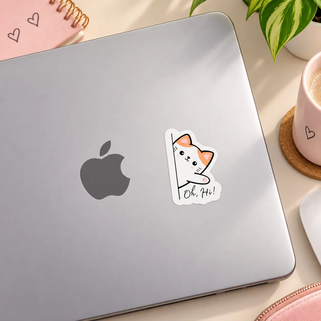 Cute peeking white and orange cat waving paw with Oh, Hi! text sticker by SLEEVER