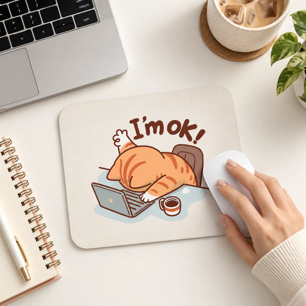 SLEEVER I'm ok cute exhausted cat desk mousepad 17.5 x 21.5 cm with anti-slip rubber base