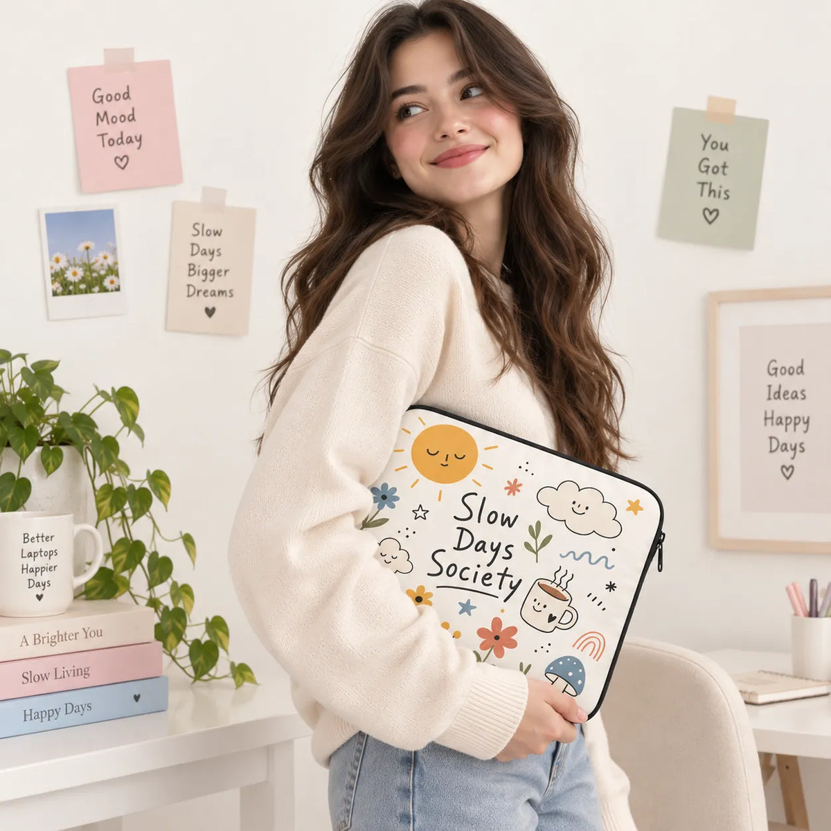 Cute cream laptop sleeve with Slow Days Society typography surrounded by smiling sun clouds coffee mug mushrooms and flowers doodles by SLEEVER