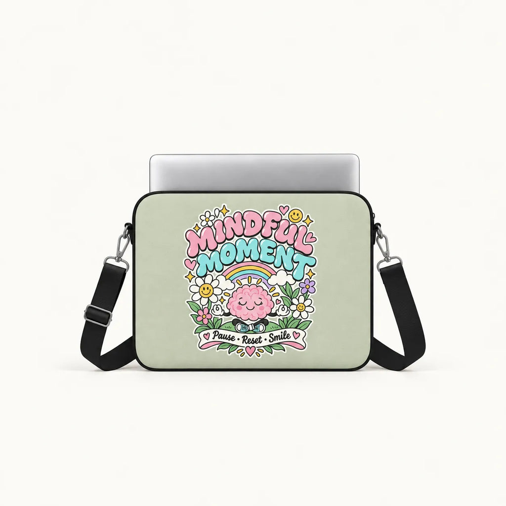 Cute retro cartoon meditating brain character surrounded by flowers rainbow and Mindful Moment Pause Reset Smile banner on sage green padded laptop sleeve by SLEEVER