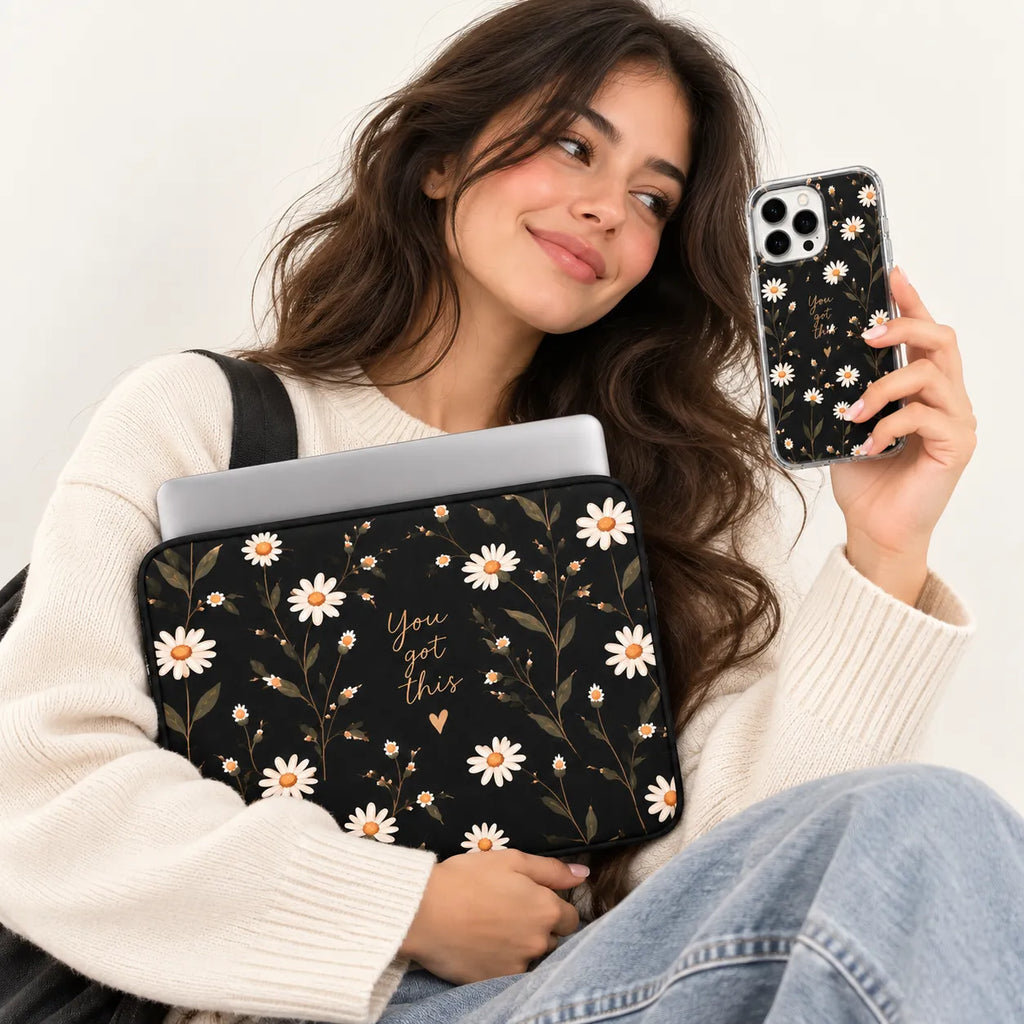 "Dark Daisy" vintage white daisies pattern on dark background clear phone case and matching laptop sleeve set by SLEEVER Egypt   