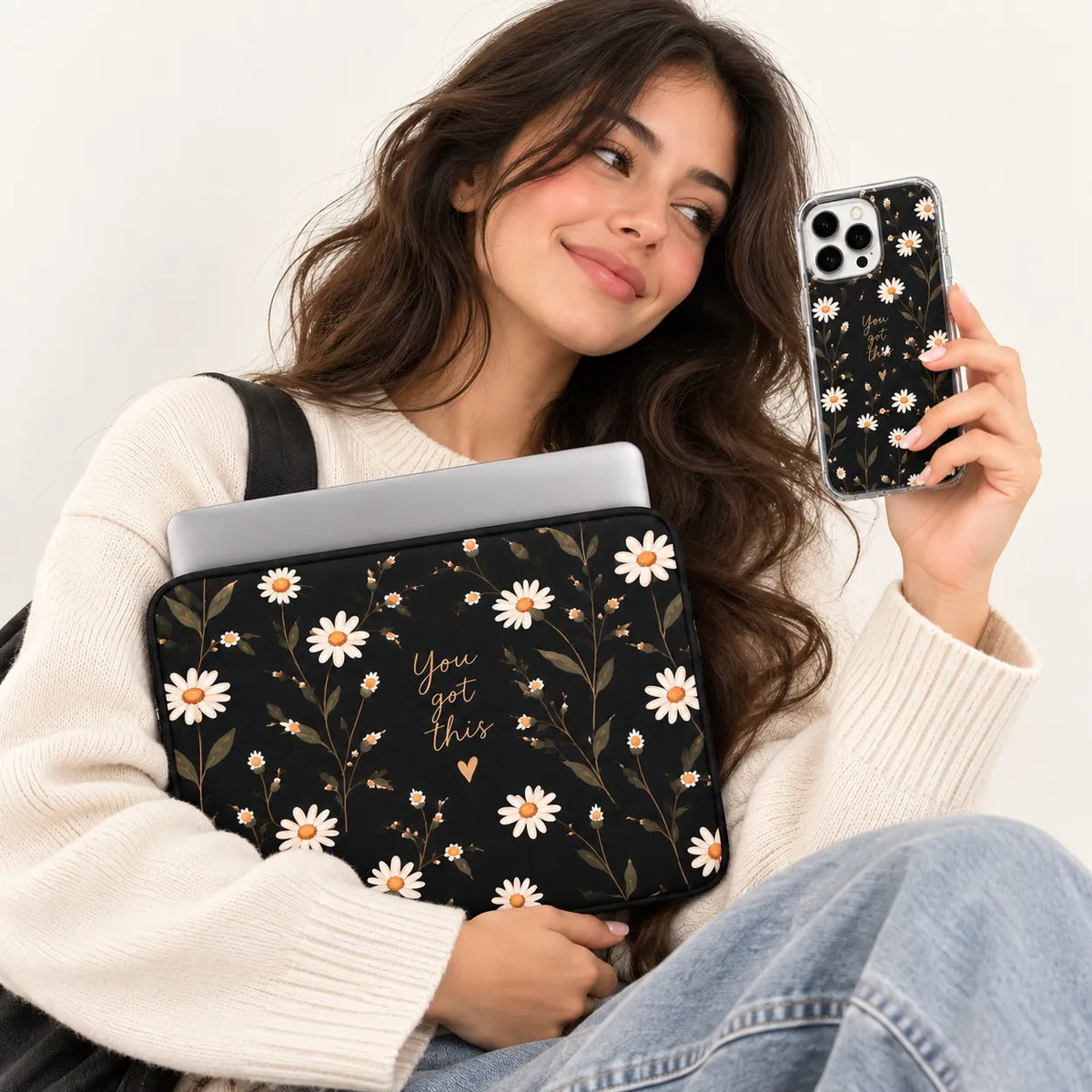 "Dark Daisy" vintage white daisies pattern on dark background clear phone case and matching laptop sleeve set by SLEEVER Egypt   