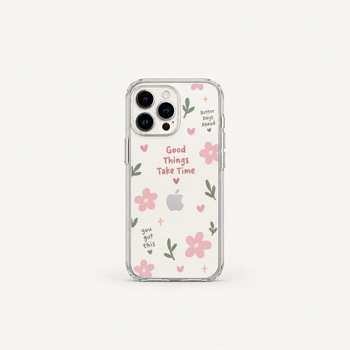 SLEEVER clear TPU phone case with Good Things Take Time text, pink flowers, hearts, and magnetic charging compatibility