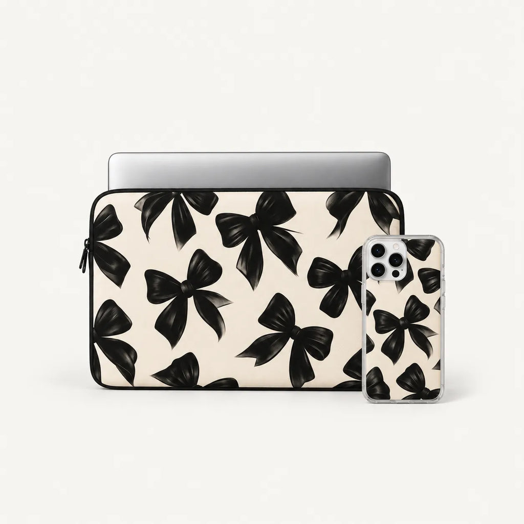 A laptop sleeve and matching phone case set featuring a black bow pattern on a warm cream background, shown on a clean off-white studio background.