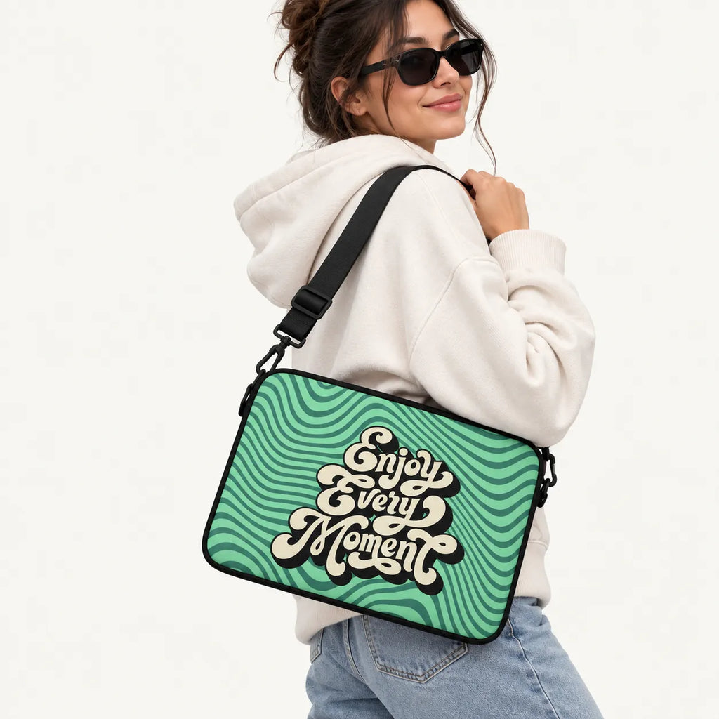 Retro 70s cream typography quote Enjoy Every Moment on wavy green swirl background padded laptop sleeve by SLEEVER